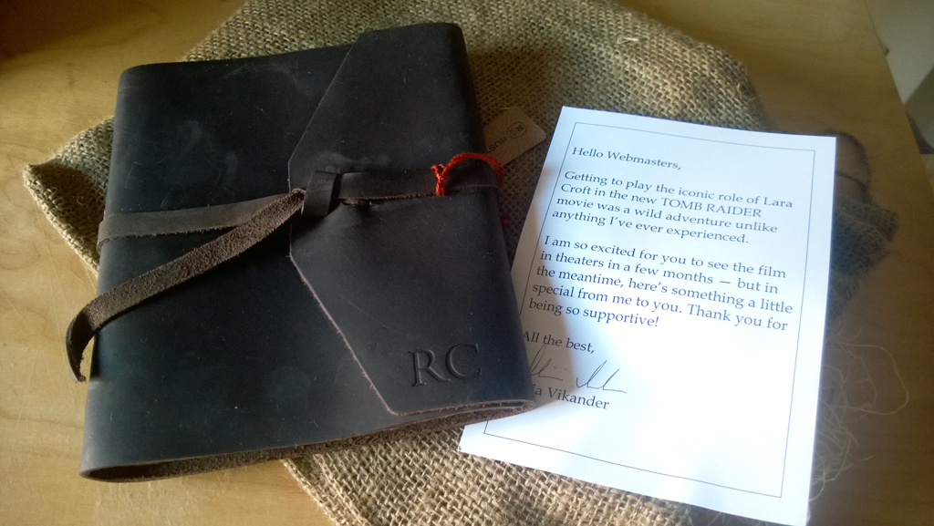 Tomb Raider Movie Journal replica WarnerBros gift with a special note from Alicia Vikander